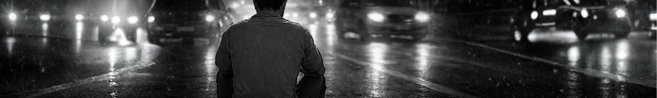Ilustrasi pria duduk di trotoar malam hari merefleksikan perjuangan batin untuk bertahan.