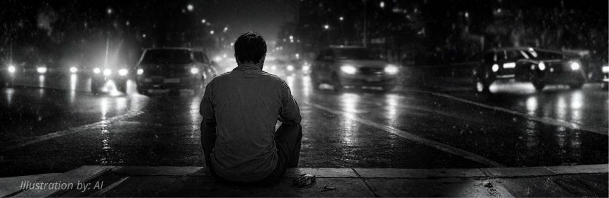 Ilustrasi pria duduk di trotoar malam hari merefleksikan perjuangan batin untuk bertahan.