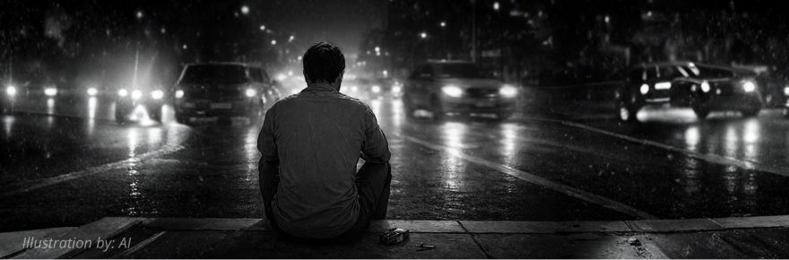 Ilustrasi pria duduk di trotoar malam hari merefleksikan perjuangan batin untuk bertahan.