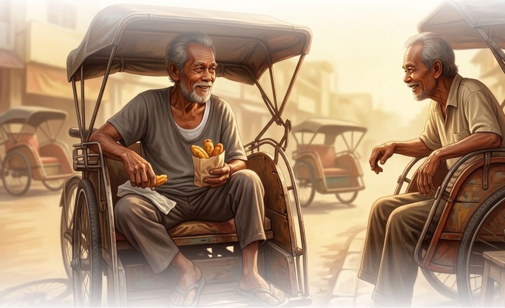 Ilustrasi cat air tukang becak sedang beristirahat menikmati gorengan dalam palet warna hangat terracotta.