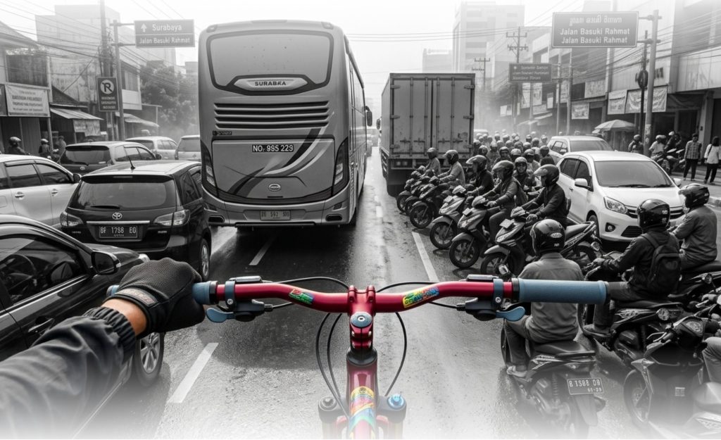 Sudut pandang pesepeda di tengah kemacetan Surabaya dengan efek warna kontras antara sepeda dan kendaraan bermotor.