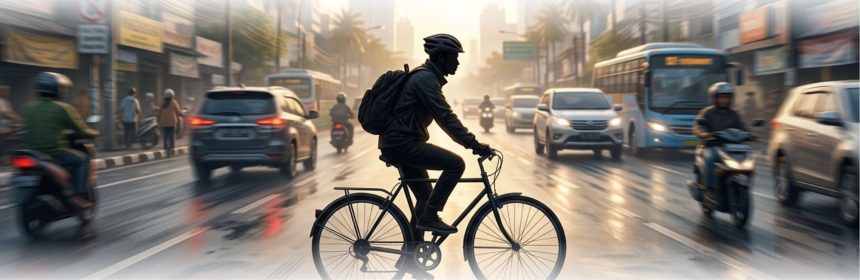 Ilustrasi motion blur jalanan Surabaya dengan siluet tajam pesepeda sebagai simbol kesadaran di tengah keramaian. Menolak untuk lupa melihat