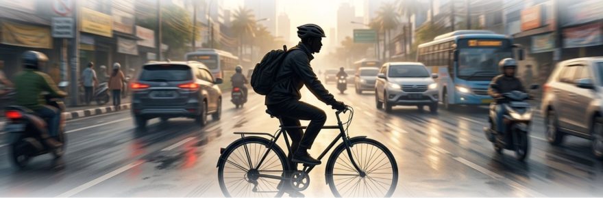 Ilustrasi motion blur jalanan Surabaya dengan siluet tajam pesepeda sebagai simbol kesadaran di tengah keramaian. Menolak untuk lupa melihat