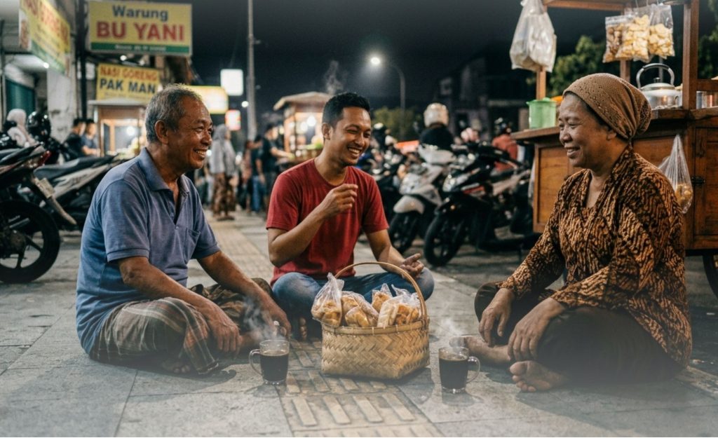 Para pedagang duduk bersama dan berinteraksi dengan perjamuan di atas trotoar
